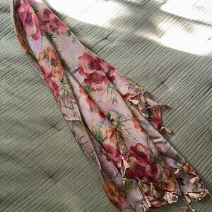 Mudd Floral Scarf with Tassels - Pink and Green